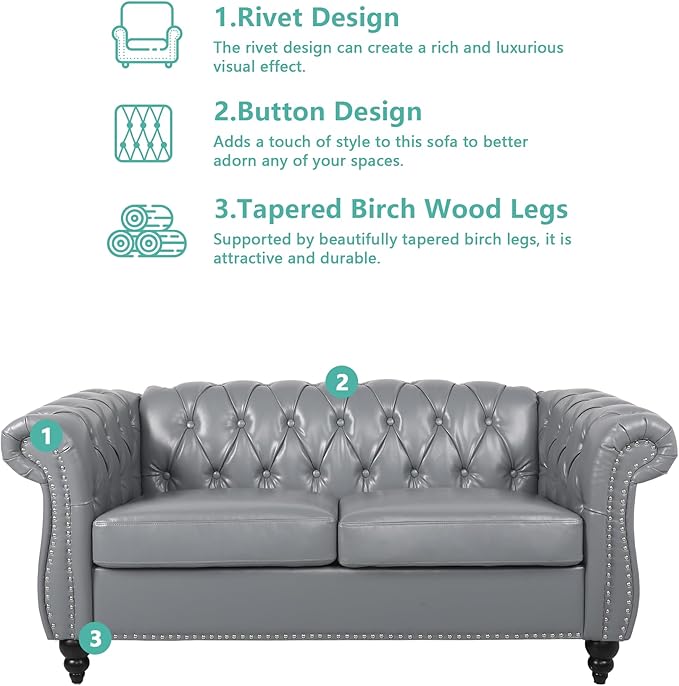 AVZEAR Chesterfield Loveseat Sofa Upholstered Sofa Modern Sofa Couches Set Style Button Tufted PU Chesterfield Sofa for Living Room Apartment PU Grey