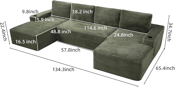 134 Modular Sectional Sofa Cloud Sectional Couch with Deep Seats Built-in Cup Holders &amp Side Pockets Upholstered Boneless Modern Modular Corduroy Sofa Couch with Chaise for Living Room Bedroom