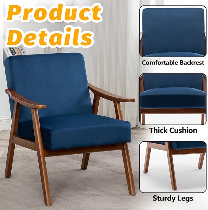 Mid Century Modern Accent Chair Upholstered Armchair Comfy with Wood Legs Siting Chair with Soft Cushion PU Leather Side Chairs for Living Room Bedroom Office (Velvet Dark Blue)