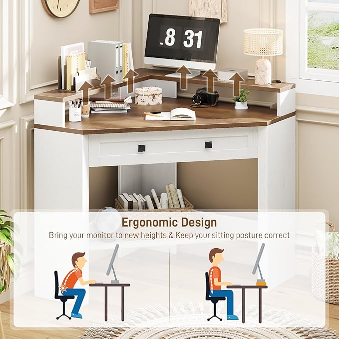 Corner Desk Triangle Computer Desk Home Office Workstation with Drawer and Monitor Stand for Small Spaces Farmhouse Corner Vanity Table for Bedroom Study Living Room (Rustic White and Brown)