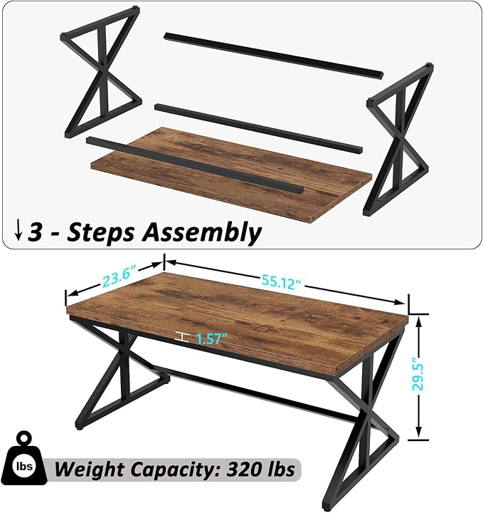 IBF 55” Rustic Computer Desk Industrial Brown Home Office Desk Wooden Metal Executive Pc Computer Desk Table Wood Student Gaming Study Computer Table for Bedroom Living Room Rustic Brown 55 Inch