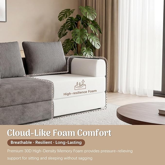 Redlife 78 Folding Sofa Bed with Ottoman Modular Loveseat Sleeper Couch Convertible Floor Sofa Corduroy Fabric Wide Armrests 28.3 Deep Seat Removable Covers &amp Side Pocket No Assembly Gra