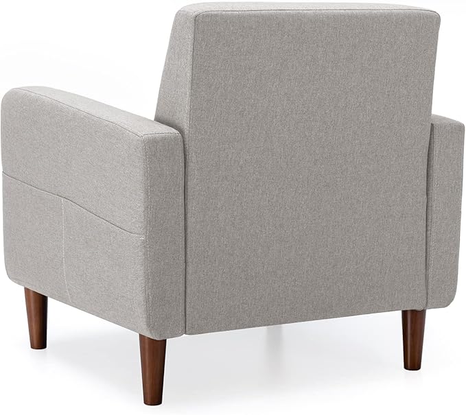 Mellow ADAIR Mid-Century Modern Armchair with Armrest Pockets Tufted Linen Fabric Light Grey