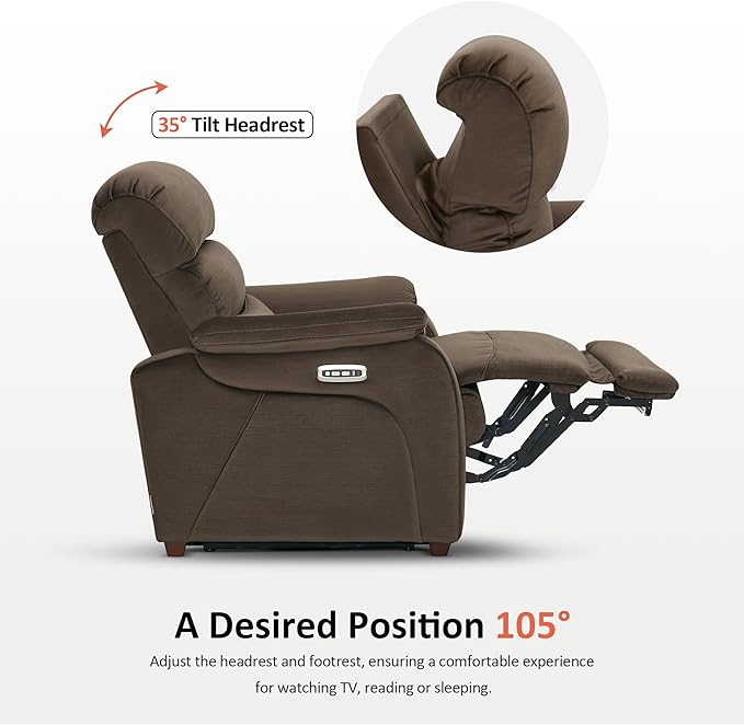 MCombo Power Zero Wall Hugger Recliner Chair for Small Space RV Living Room Power Recliner with Adjustable Headrest USB &amp USB-C Charging Ports Fabric ST257 (Coffee)