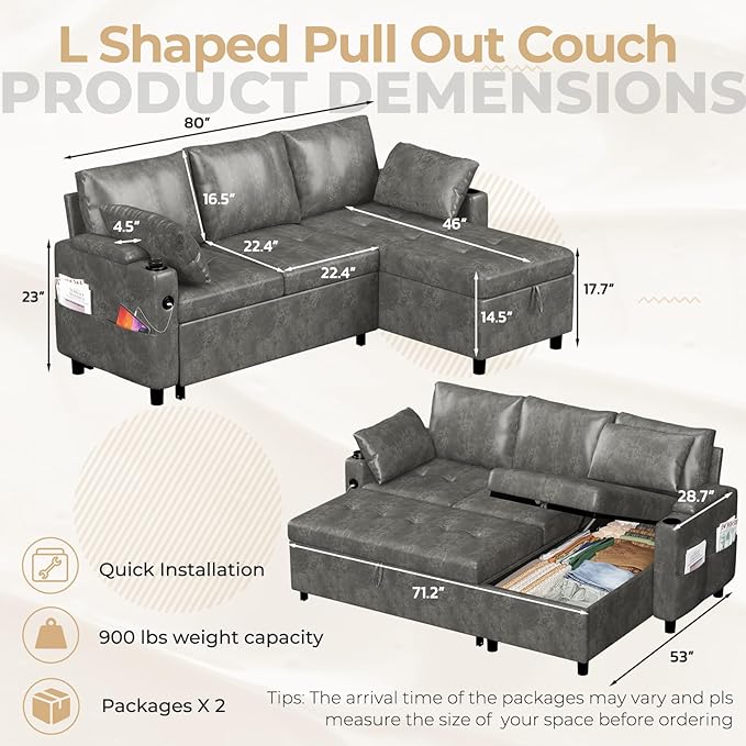 Faux Leather L Shaped Sofa L Shape Couch Pull Out Bed with USB and Cup Holder Storage Cama Queen Bed Sleeper Couch for Living Room Grey