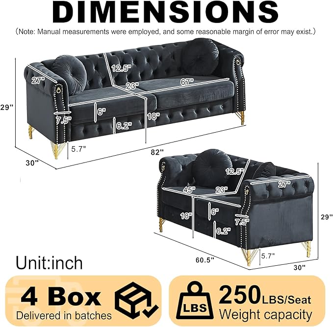 3-Seater Chesterfield Sofa and Loveseat Set Mid Century Modern Sofa Couch with Button Tufting &amp Rolled Arms Comfy Upholstered Velvet Deep Seat Couch Set for Living Room Office Black(2 Pieces)