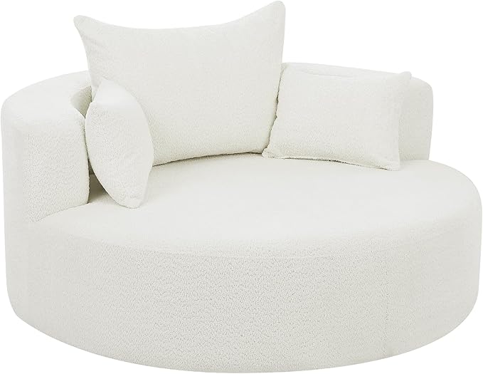 360° Oversized Swivel Barrel Chair Oversized Chenille Upholstered Reading Lounger Accent Round Sofa Chair with 5 Throw Pillows and Thicked Cushions for Living Room Bedroom Office and Hotel (Beige)