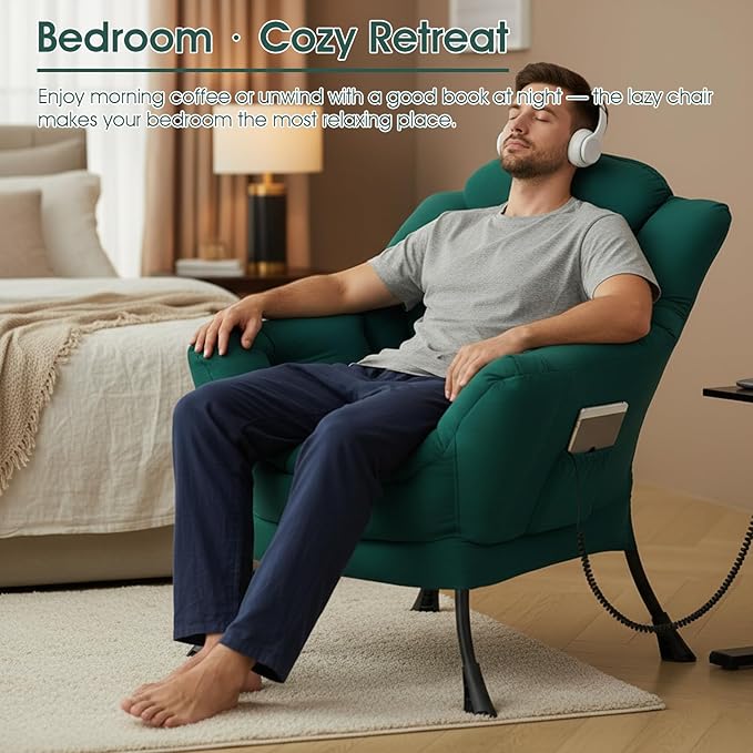 Lazy Chair for Living Room Large Dark Green Accent Chair with a Throw Pillow Leisure Sofa Chair Set Comfy Reading Chair for Bedroom Dorm Room Office