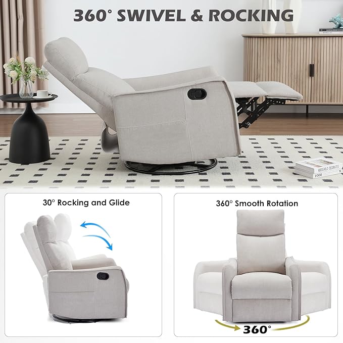 Swivel Rocker Recliner Chair 360° Swivel Recliner with Heat and Massage Rocker Recliner Nursery Glider Chair with Side Pockets for Living Room (Beige Fabric)