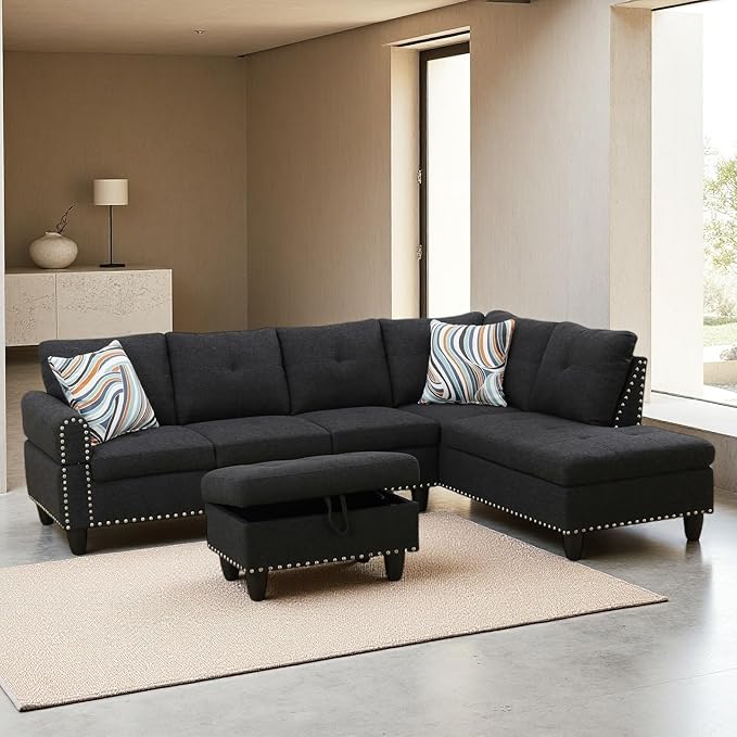 Sectional Couches for Living Room Convertible 4 Seat Modular Sectional Sofa Set for Living Room L Shaped Couch or U Shaped Couch with Storage Ottoman for Apartment Dark Grey