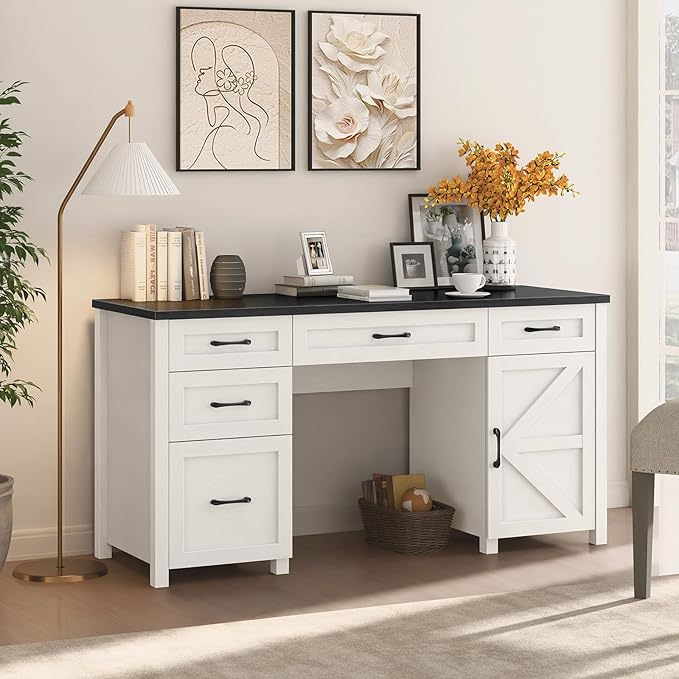 Farmhouse 61 Executive Desk with 5 DrawersRustic Office Computer Desk with Charging StationFile Drawers and Storage Cabinet Wood Workstation for Home Office and Study Black.