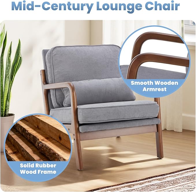 DUMOS Mid Century Modern Chair Set of 2 Accent Chair with Arms and Waist Cushion Reading Chairs for Adults Lounge Chair for Living Room and Bedroom Solid Wooden Frame Grey