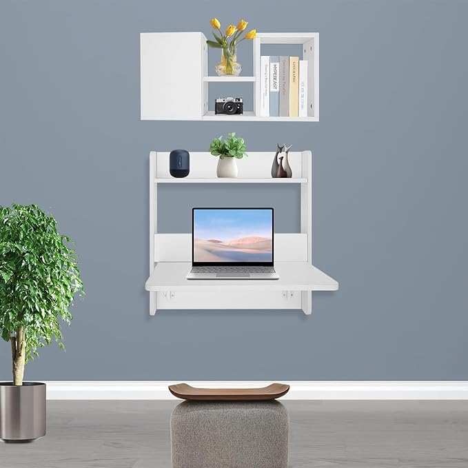 LOYALHEARTDY Wall-Mounted Computer Desk Floating Office Desk with Foldable Tabletop Fold-Up Desktop Writing Desks with Shelves &amp Storage for Home Office and Study Small Spaces (White)