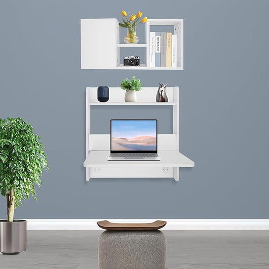 LOYALHEARTDY Wall-Mounted Computer Desk Floating Office Desk with Foldable Tabletop Fold-Up Desktop Writing Desks with Shelves &amp Storage for Home Office and Study Small Spaces (White)