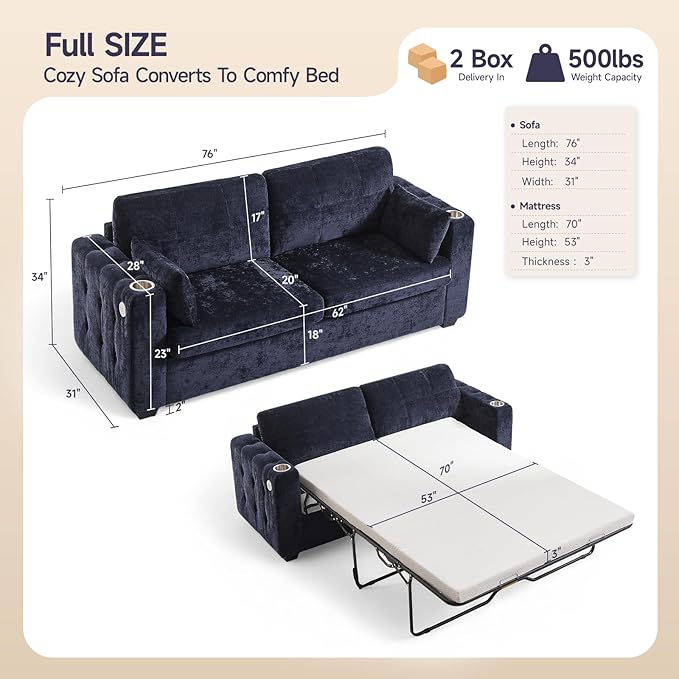 ONBRILL Pull Out Sofa Bed Chenille Full Size Sleeper Sofa Bed with Cup Holder and USB Port 76 inch Couch Bed with Memory Foam Button Tufting Loveseat Couch for Living Room Blue