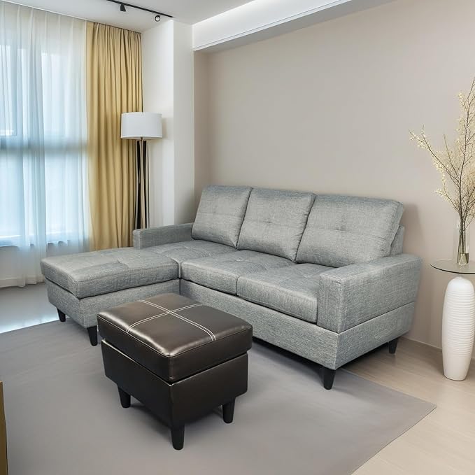 FONTOI L Shaped Sofa with Ottoman Modern Faux Leather Couch with Chaise 3 Seat Living Room Sofa Set with Solid Wood for Home Apartment Study Room Brown Grey
