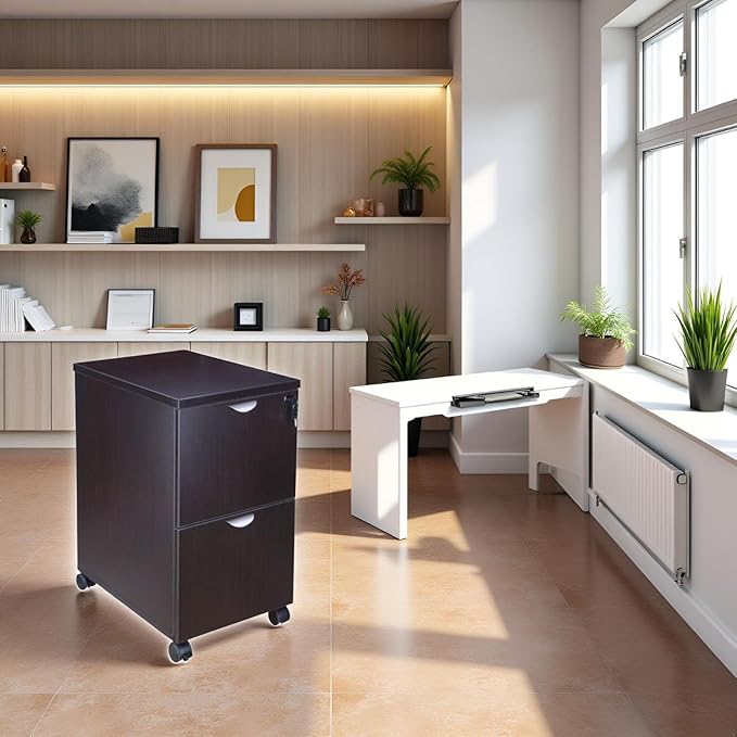 Mocha Mobile Pedestal Compact Storage Solution with Lockable Drawers Sleek File Cabinet Rolling Organizer for Home Desk Workstation Smooth Gliding Utility Drawer Office Supply Organizer