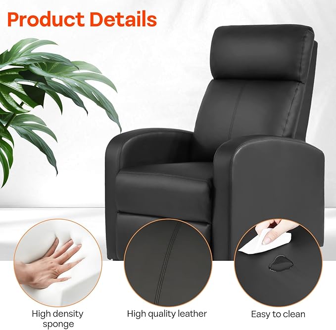 Recliner Chair PU Leather Massage Single Sofa Home Theater Seating Breathable Padded Reading Sofa with Footrest for Bedroom Living RoomBlack
