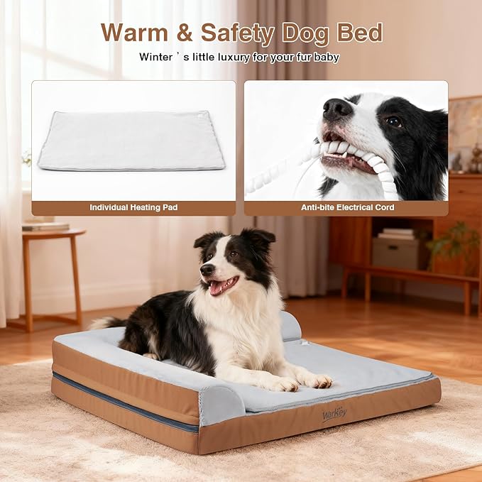 Heated Dog Bed Medium Sized Dog Heated Pet Bed Waterproof Cover Medium Orthopedic Dog Sofa Bed Memory Foam with Pet Heating Pad - 27.95x23.2x6.3in
