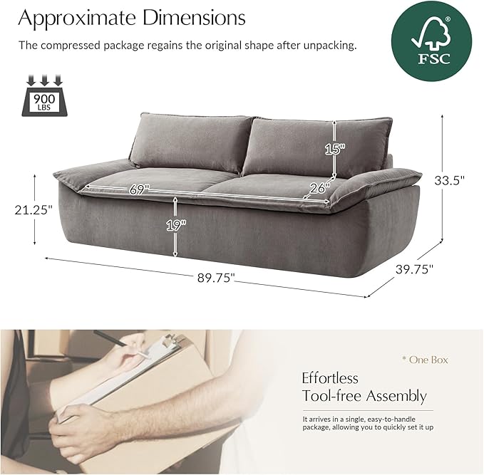 HULALA HOME 89 Compressed Foam Sofa Boneless Couch Oversized Cloud Couh with Deep Seat Modern 3 Seater Sofa with Removable Seat and Back Cushions No Assembly Required Grey