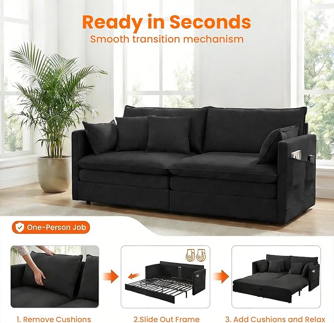 CECER 78 King Size Pull Out Sofa BedIce Velvet Pull Out Couch with Side Pocket3-in-1 Convertible Sleeper Sofa with 4 Pillows for Small Space/Living Room/Bedroom（Black）