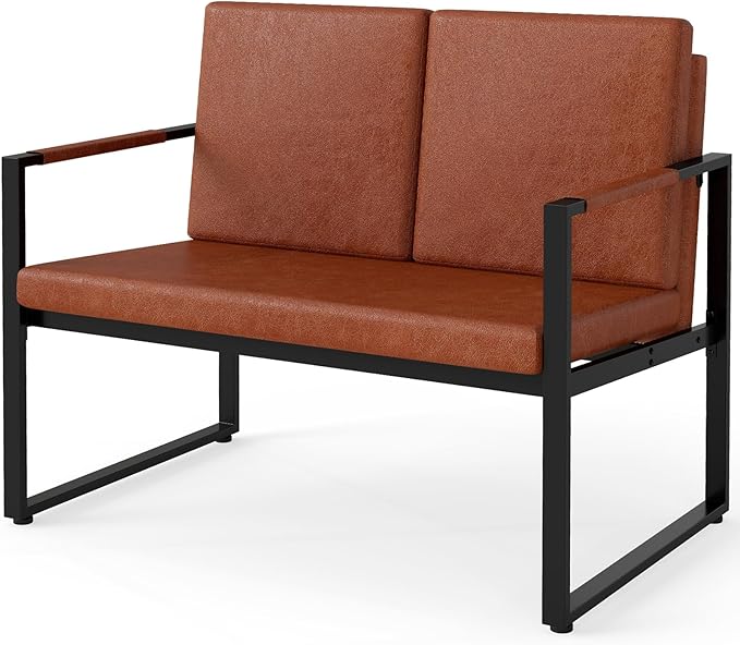 Giantex Modern Loveseat Sofa 2-Seater Sofa with Solid Metal Frame &amp Removable Back Cushions Spacious Seat &amp Supportive Armrests Indoor Couch for Living Room Bedroom Office (Brown)