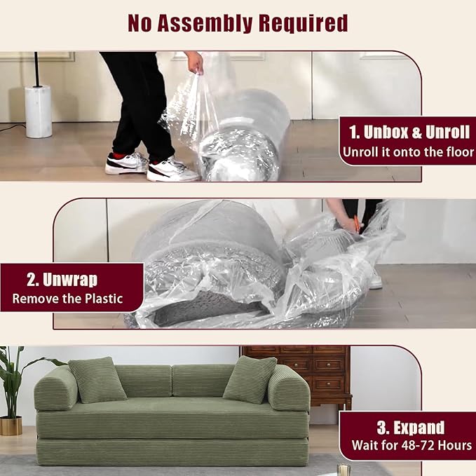 JJJ 78 inch Sofa Bed 4-in-1 Boneless Convertible Corduroy Sleeper Folding Couch with Fixed-Shape Frame and 2 Futons No Assemble Required 3 Seater Upholstered for Living Room (Light Green 78inch)