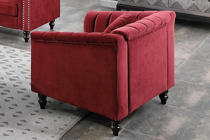 Chesterfield Chair Couch 40 Inch Luxurious Velvet Single Chair Chesterfield Settee Sofa Upholstered Rolled Arm with Rivets/Button Tufted Pillow Modern Sofa for Living RoomRed