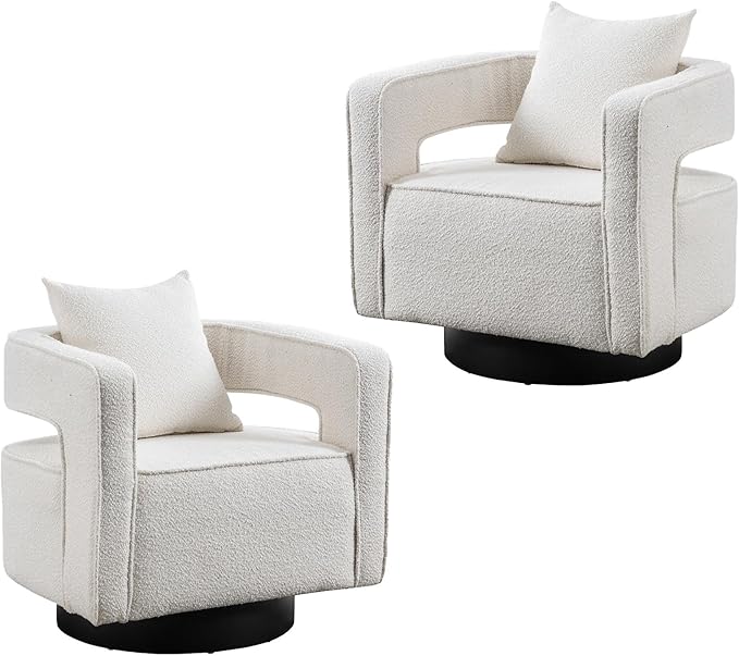Mid Century Modern Boucle Swivel Accent Chair 2 Pack Comfy Open Back Sofa Chair with Black Wood Base for Nursery Bedroom Living Room Club Swivel Lounge Chairs (2pcs Chair Ivory)