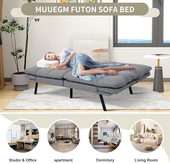 MUUEGM 71 Futon Couch Filled with Memory Foam Convertible Futon Sofa Bed with Adjustable Backrest Armrest Folding Futon for Living Room Small Space Loveseat for Sleeper(Fabric Light Gray)