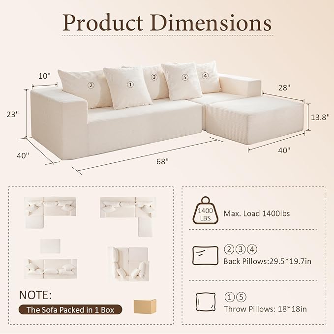 INGEROOM 108 Cloud Sectional Couch with L-Shape Chaise Modular Sofa Memory Foam Boneless Sofa with Movable Ottoman Upholstered Couches for Living Room Bedroom No Assembly Required Beige