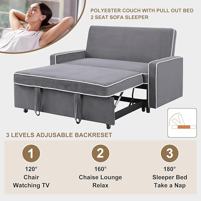 3-in-1 Convertible Sofa Sleeper Bed 2-Seat Loveseat Lounge with Adjustable Backrest Flannel Pull Out Fabric Couch Chaise Perfect for Home RV Apartment Office Living Room Grey