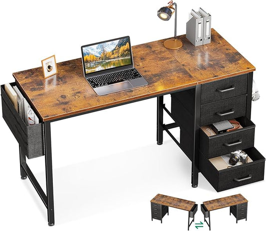 Casaottima 40-Inch Small Computer Desk with 4 Fabric Drawers — Home Office Desks with Storage Writing Desk with Side Hook and Cloth Bag Modern Study/Work Table for Bedroom and Small Space Vintage