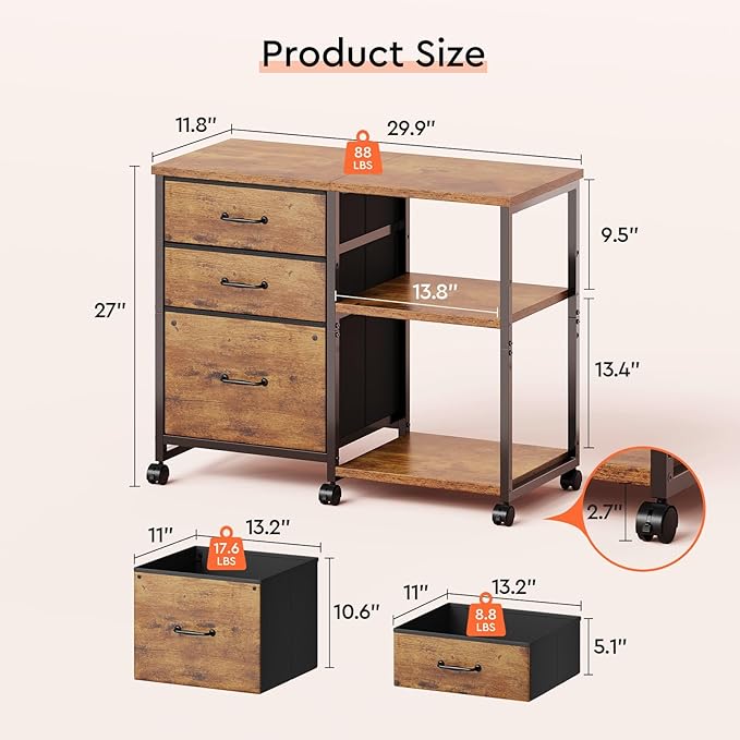 3 Drawer File Cabinet with Wheels Rolling Printer Stand with Open Storage Shelf Fabric Lateral Filing Cabinet for Home OfficeRustic Brown2