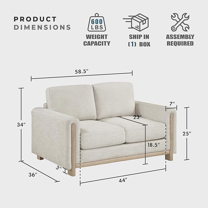 Lexicon Modern Upholstered Living Room Loveseat Textured Fabric Love Seat Track Arm Wood Frame and Natural Finish Wood Legs Reversible Back Cushion No Assembly Beige