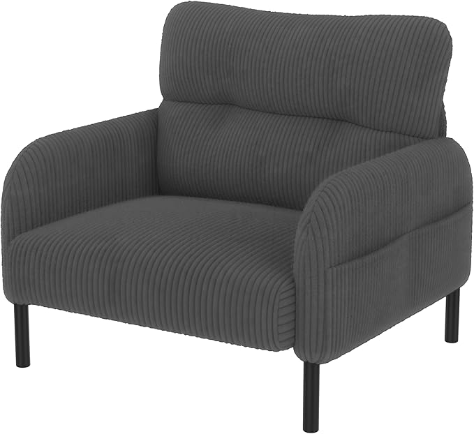 Gray Accent Chair - Corduroy Living Room Chairs with Side Storage Pockets and Durable Legs Comfy Arm Reading Chair with Soft Backrest for Bedroom Balcony Study Room