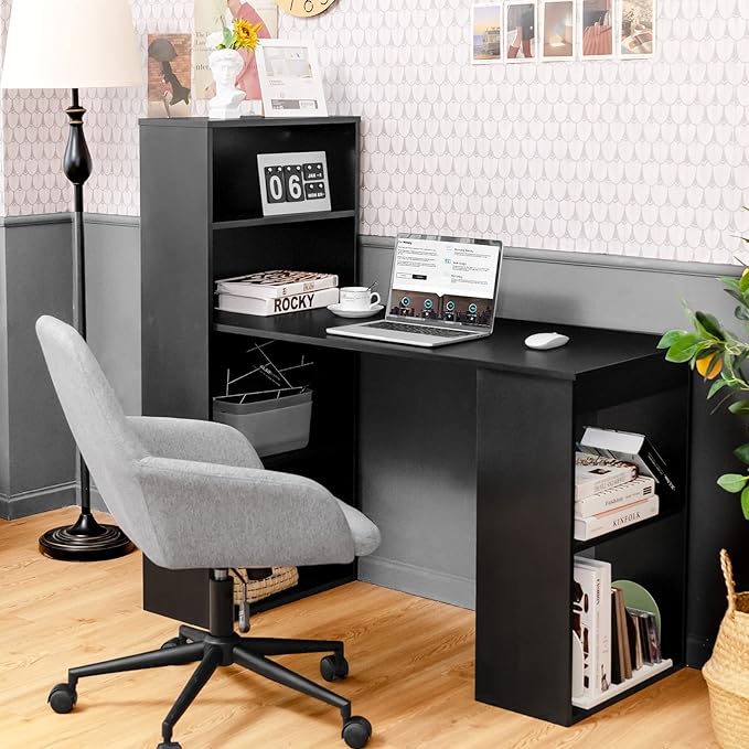 IFANNY Black Computer Desk w/Bookshelf Modern Home Office Desk w/Storage Shelves &amp CPU Stand Space-Saving Design Compact Corner Computer Workstation for Small Spaces