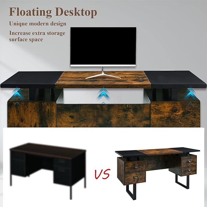 Computer Desk with Drawers 59 L Contemporary Home Office Laptop Desk with Floating Desktop and 4 Storage Drawers Vintage Study Gaming Table with Metal Frame Black &amp Rustic Brown CTSZ20401CM