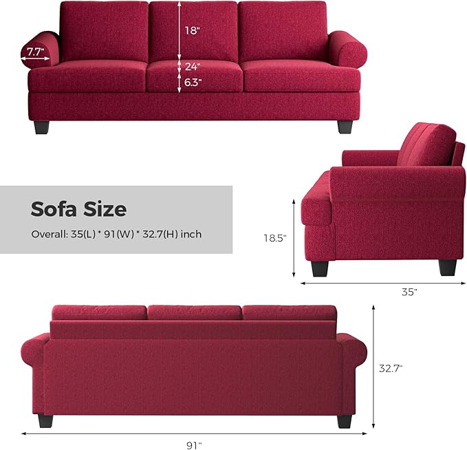 91 Inch Lawson Sofa with Extra Deep Seats Oversize Mid-Century 3-Seat Sofa Couch for Living Room Apartment Lounge Red