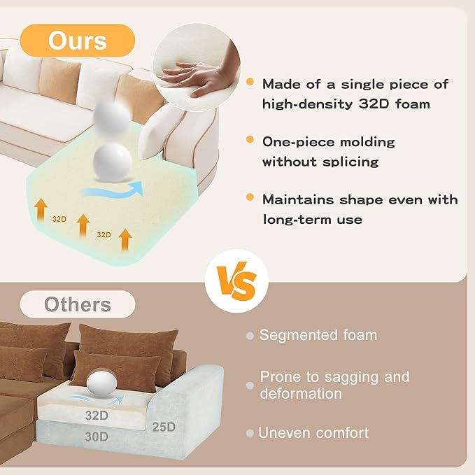 105.9 L-Shaped Boneless Sofa Left Chaise Plush Teddy Fabric 3-Seater Sectional Couches with 32D High-Resilience Foam Wide Arms for Living Room ApartmentWhite