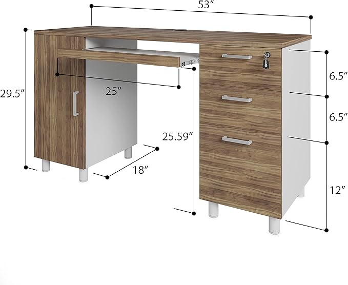 Modern Design Venice Computer Office Desk with 3 Locking Drawers and Storage Cabinet 53 Inch Home and Office Executive Walnut and White Desk with Keyboard Tray by Crafts and Comfort