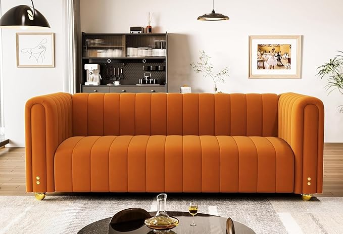 81.3'' Orange Velvet Modern Mid Century Deep Seat Sofa Oversized 3-Seater Loveseat Comfy Couch for Living Room and Apartment Furniture