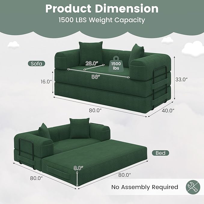 80 Convertible Sofa Bed 5 in 1 Modular Boneless Couch Sleeper Sofa Bed with Fixed Frame &amp Removable Backrest Pillow Washable Corduroy Futon Sofa Bed Couch in a Box for Small Spaces Dark Green