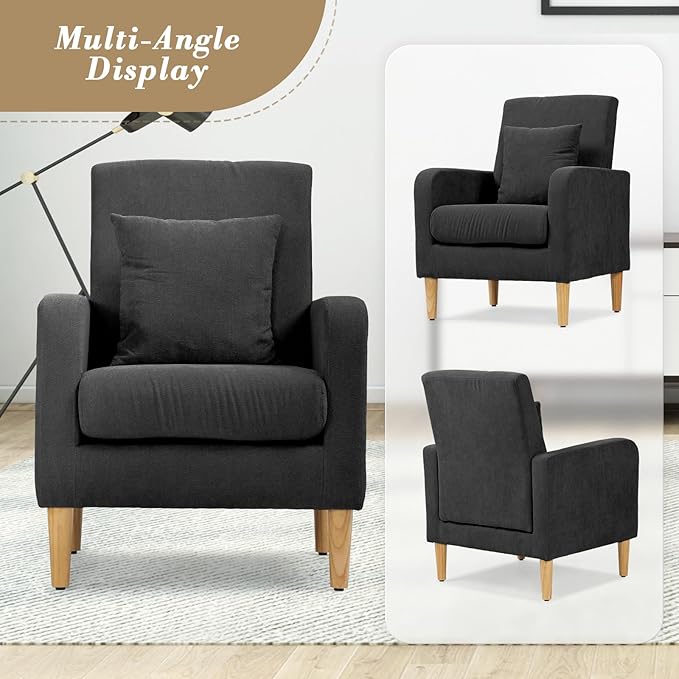 Athena Collection Modern Accent Chair with Cushion Comfy Upholstered Fabric Reading Chair for Adult Soft Sofa Armchair for Living Room Bedroom Dorm Black