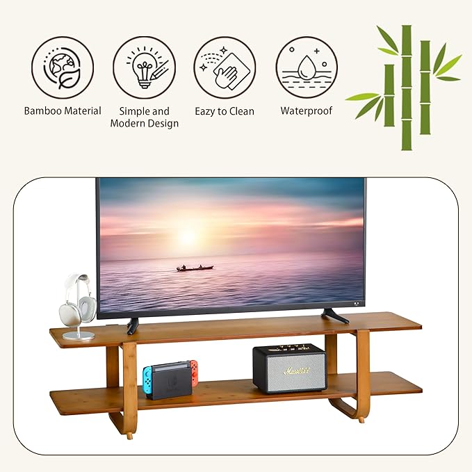 Bamboo TV Stand for TVs up to 65 Media TV Console Table with Storage Accent Entertainment Center with Shelf Modern TV Stand for Living Room Bedroom 55(L) Walnut