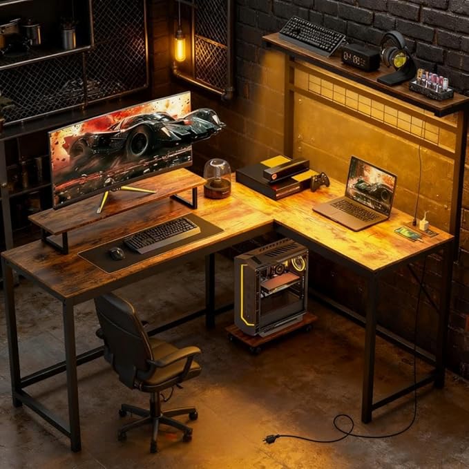 61.6'' L Shaped Gaming Desk with Power Outlets &amp LED Lights Reversible Computer Table with Monitor Stand and CPU Shelf Cornor Office Table PC Desk for Writing Study (Rustic Brown)