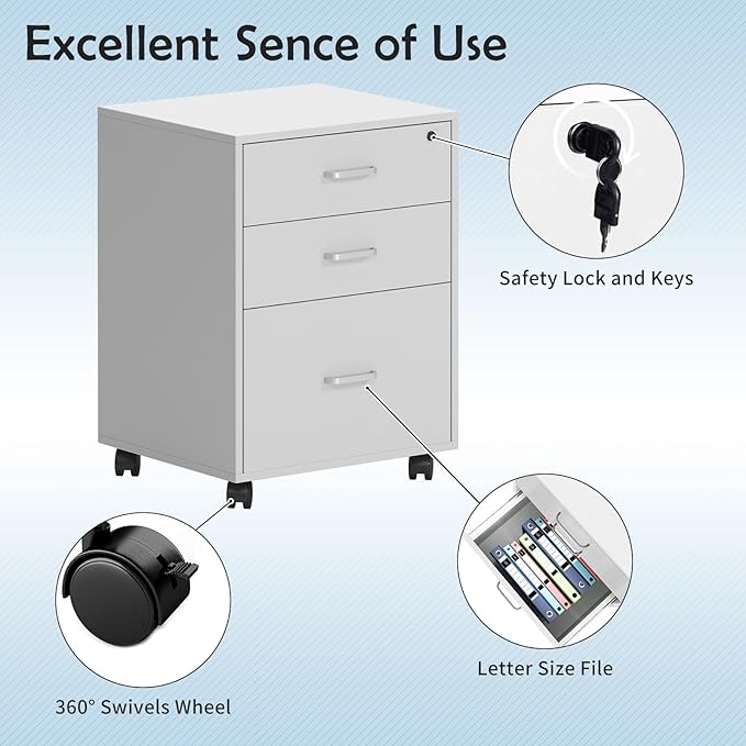 Need 3 Drawer Wood Mobile File Cabinet with LockRolling Filing Cabinet for Letter/A4 Size for Home OfficeWhite10CZLXFC04WT-ND-XIN