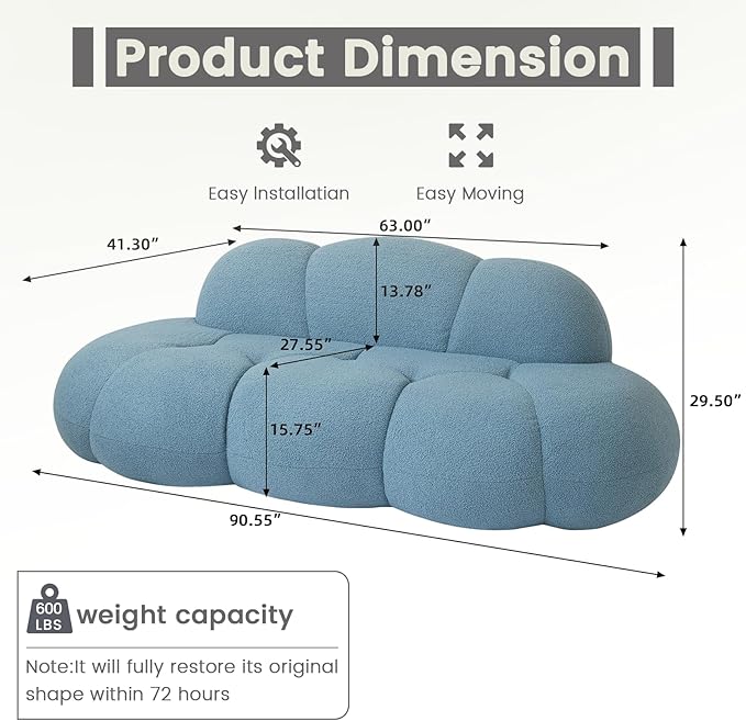 WJShome 90 Boucle Sofa Modern Curved Upholstered Cloud Couch Deep Seat LoveSeat 3 Seater Sofa Cozy Modern Boneless Sherpa Fleece Couches for Living Room Bedroom Apartment (Blue)