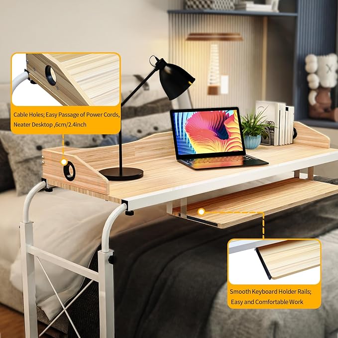 Mobile OverBed Table 120-Inch Extra Wide Adjustable Standing Desk with Lockable Wheels Heavy Duty Workstation Portable Overbed Computer Table for Laptop Office