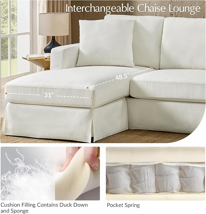 HULALA HOME 85 Slipcovered Sofa with Removable &amp Washable Cover 3-Seater Farmhouse Chaise Sofa with Down-Filled Cushions Comfy Upholstered Couch for Living Room Bedroom White